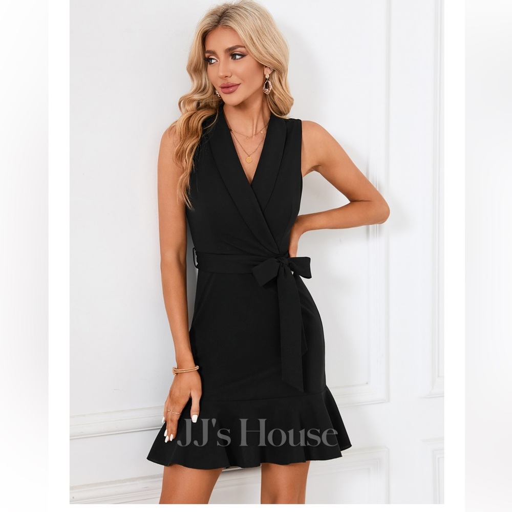 JJs House Black Sleeveless Wrap Dress with Tie and Ruffle Hem